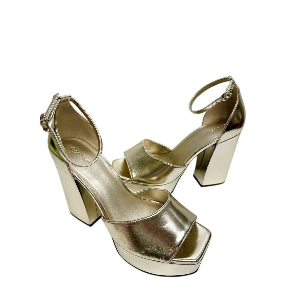 Open Edit Kimber Gold Metallic Platform Block Heel Sandals Womens 9.5 Square Toe